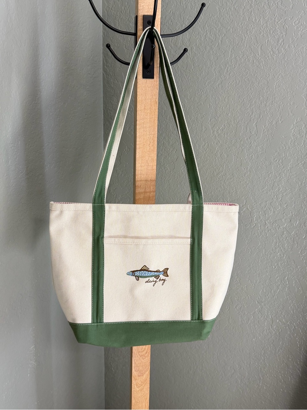 Dairy Boy Fish Canvas Tote Bag in Cream and Green